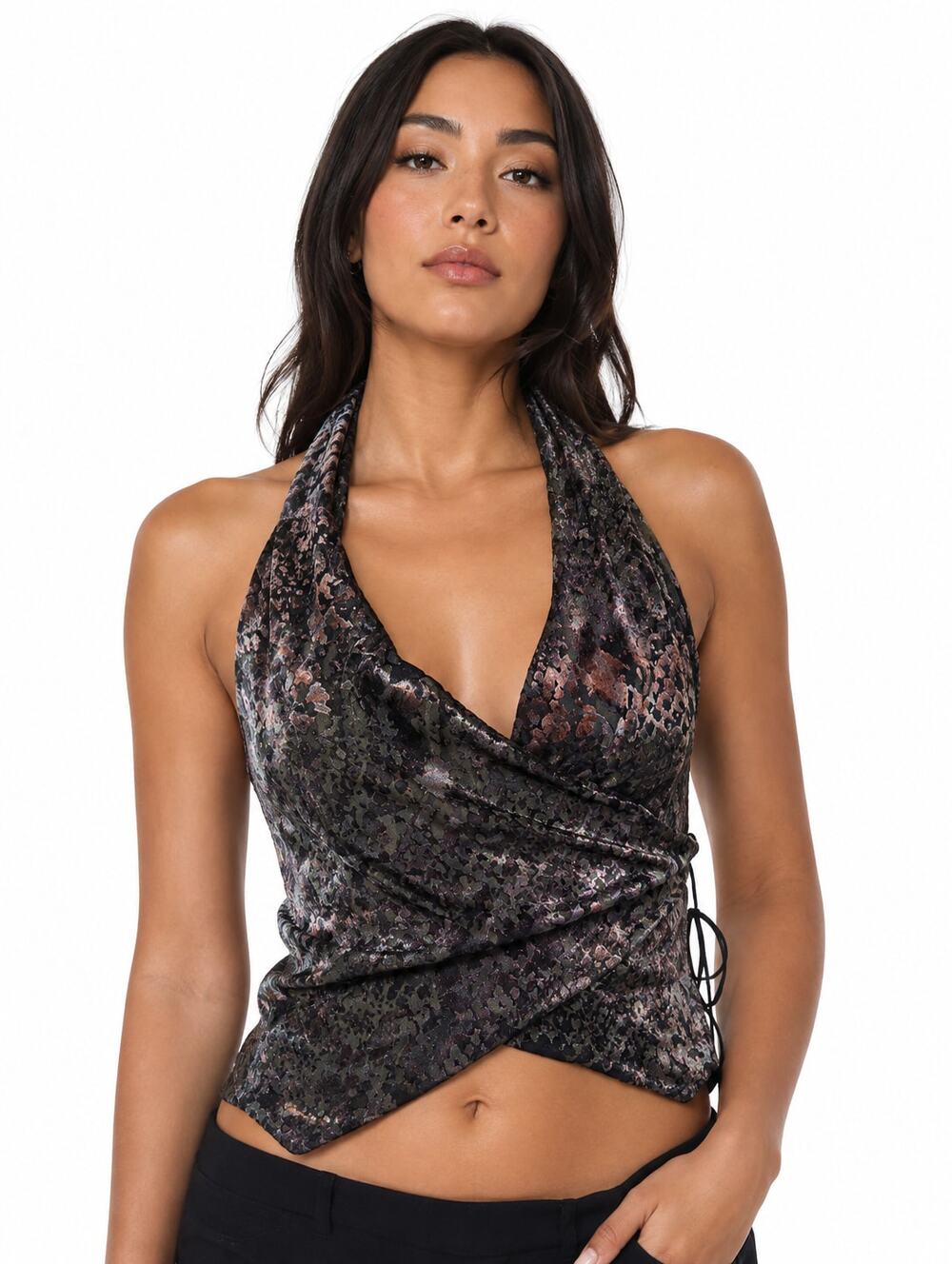 ZARA Velvet Burnout Wrap Halter Going Out Top Small NWT
